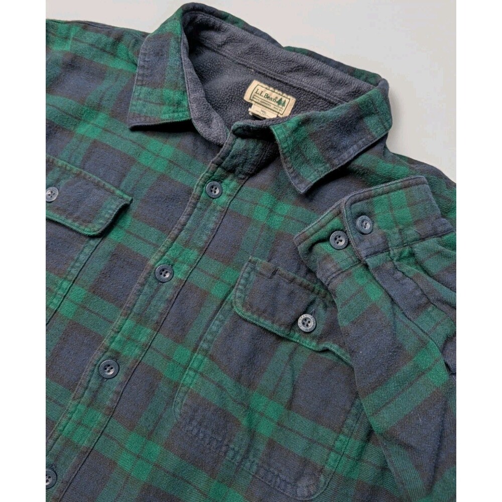LL Bean Fleece Lined Flannel Shirt Jacket Mens XXL Reg Green Blue Plaid Shacket